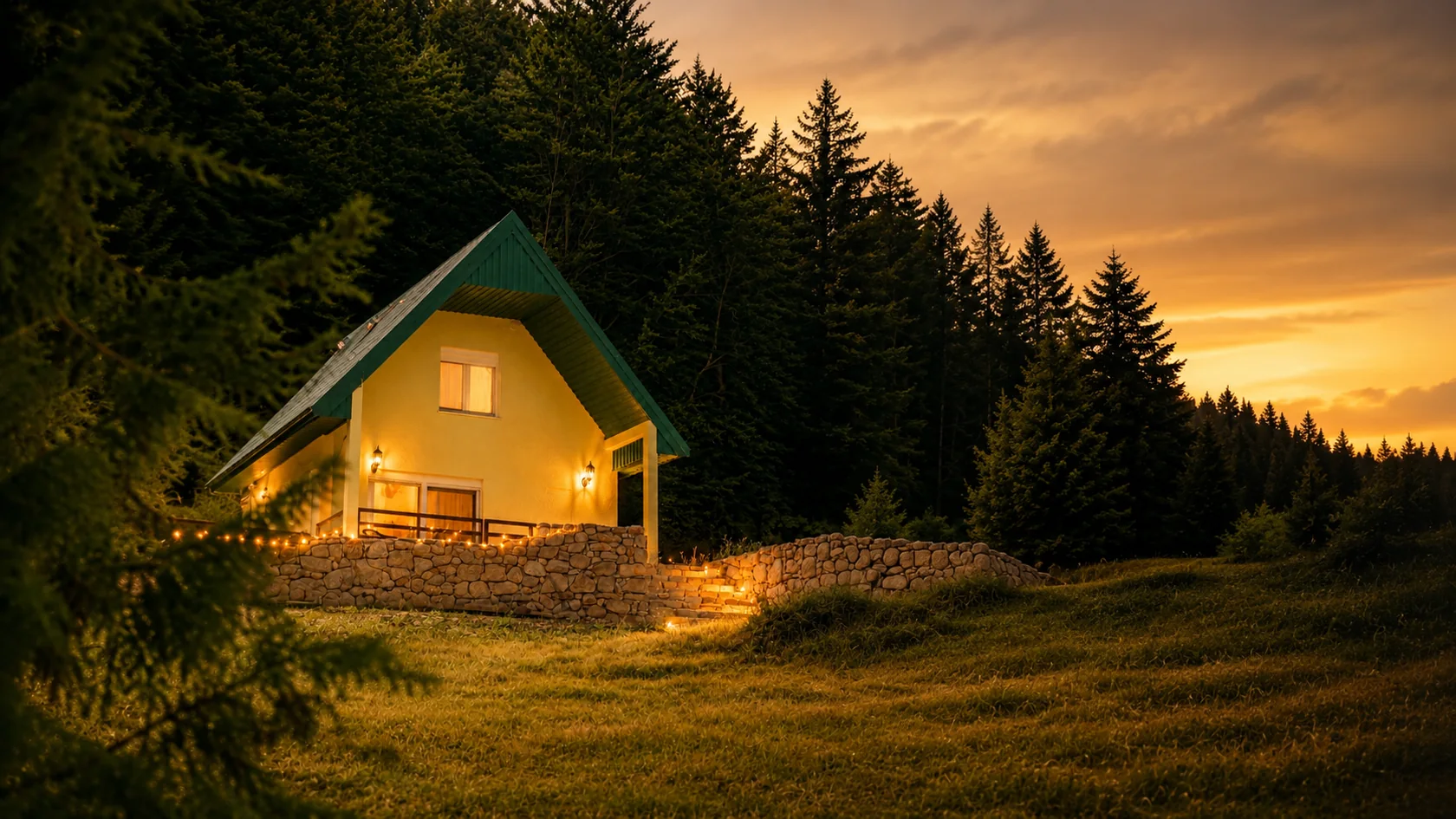 Forest Panorama Cabin at golden hour